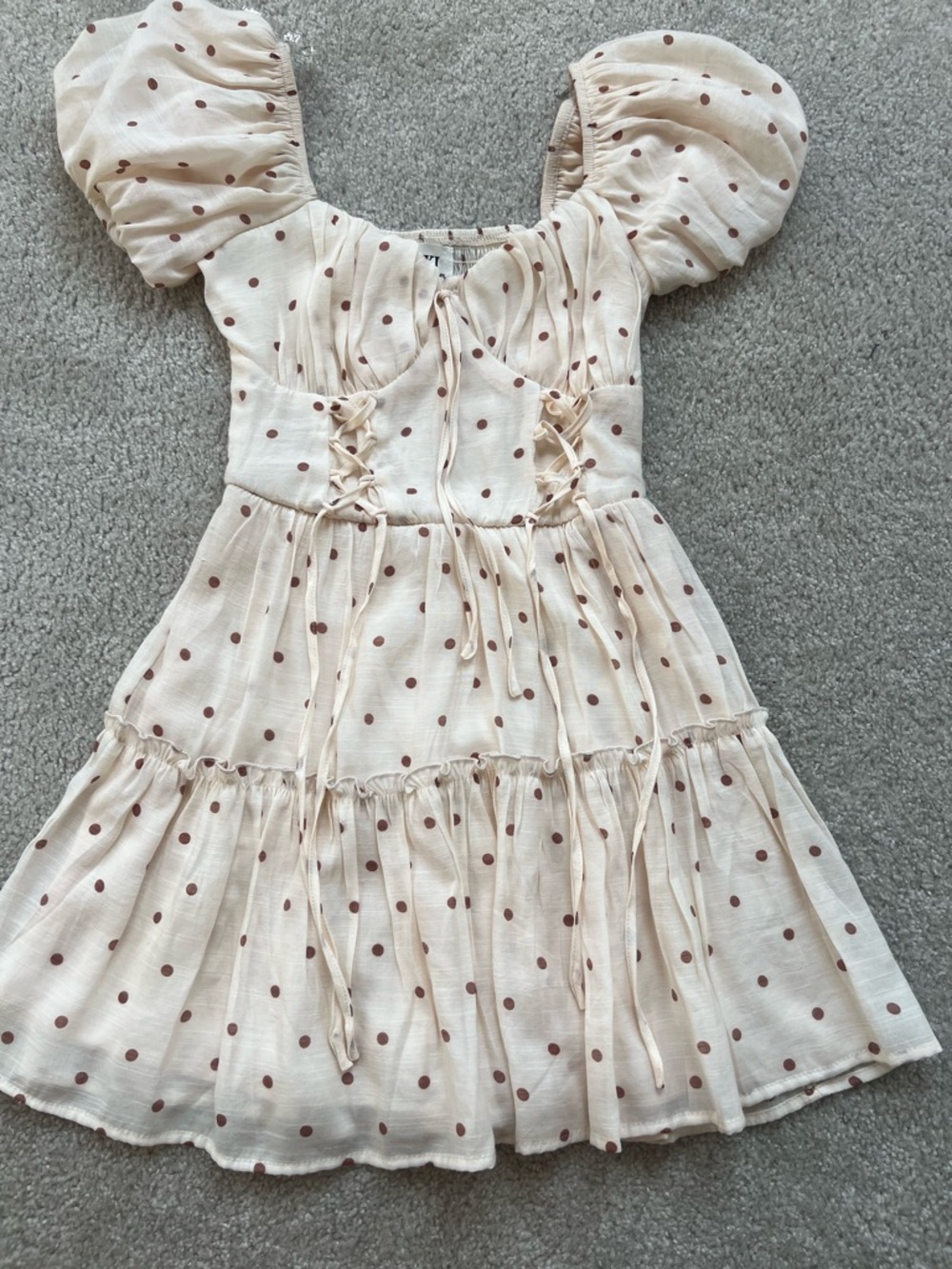 Trixxi Cream Puff Sleeve Polka Dot Dress with Brown Dots - Picture 2 of 6